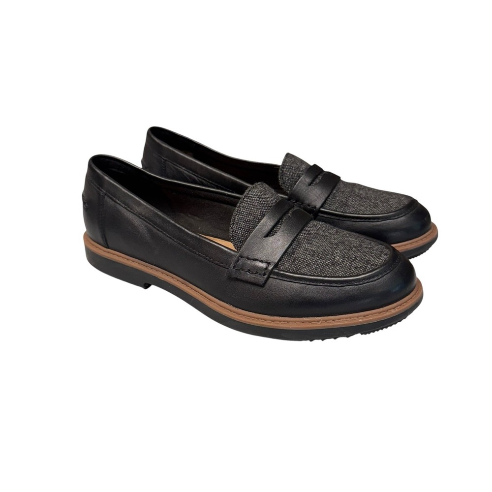 Clarks Raisie Eletta Black Leather Gray Tweed Penny Loafers 26130062 8 M Comfort